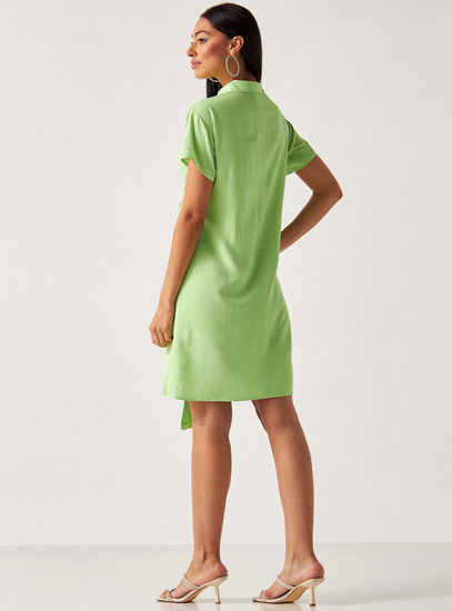 Solid Asymmetric Dress with Collared Neck and Knot Detail