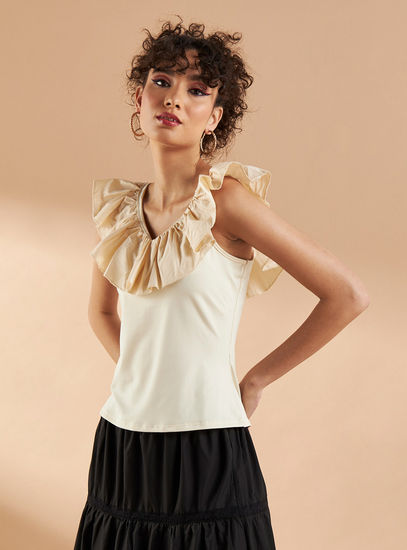 Solid Sleeveless Top with V-neck and Ruffle Detail