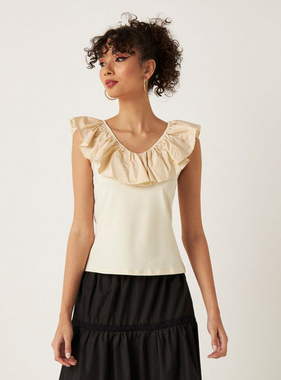 Solid Sleeveless Top with V-neck and Ruffle Detail