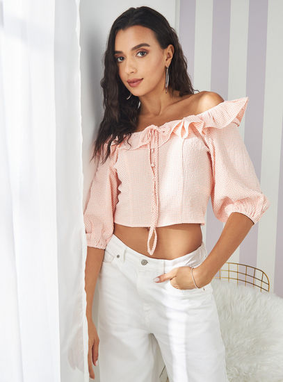 Checked Square Neck Crop Top with Short Sleeves and Ruffle Detail
