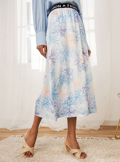 All-Over Floral Print Midi Skirt with Printed Elasticated Waistband-Midi-image-0