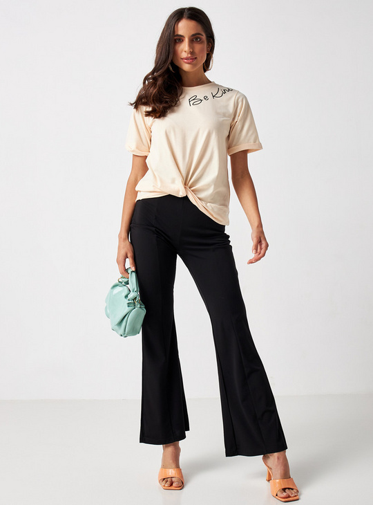 Solid Flared Leg Pants with Cut Out Detail and Zipper Closure
