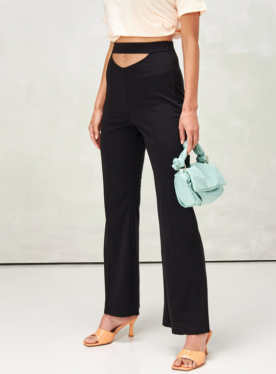 Solid Flared Leg Pants with Cut Out Detail and Zipper Closure