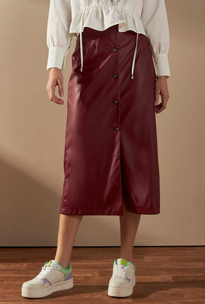 Solid Midi Skirt with Button Detail and Slit