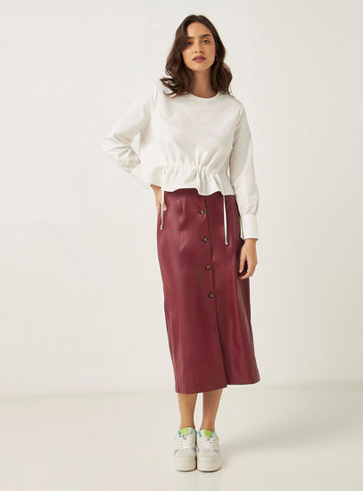Solid Midi Skirt with Button Detail and Slit