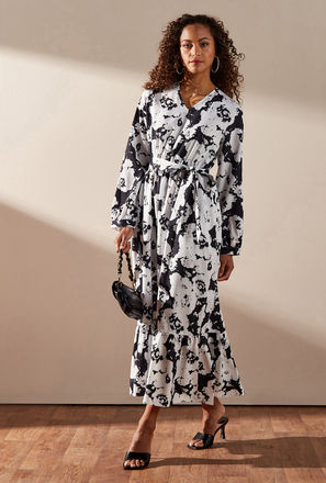 All-Over Print V-neck Midi Dress with Tie-Up Belt