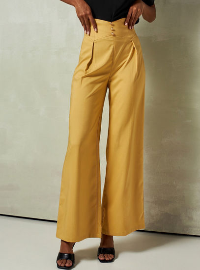 Solid Mid-Rise Pants with Pleat and Button Detail