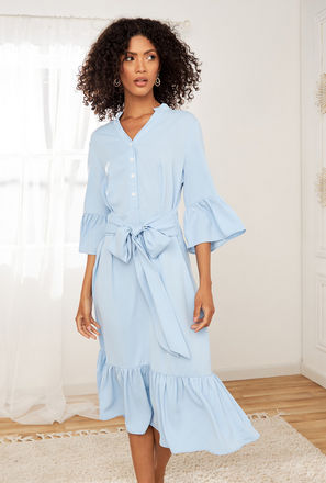 Plain Tiered Dress with Ruffled Hem and Tie-Ups