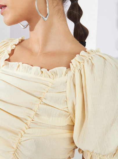 Textured Off Shoulder Top with Short Sleeves and Gathered Detail