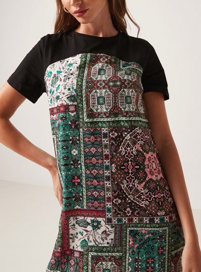 Printed Crew Neck Dress with Short Sleeves