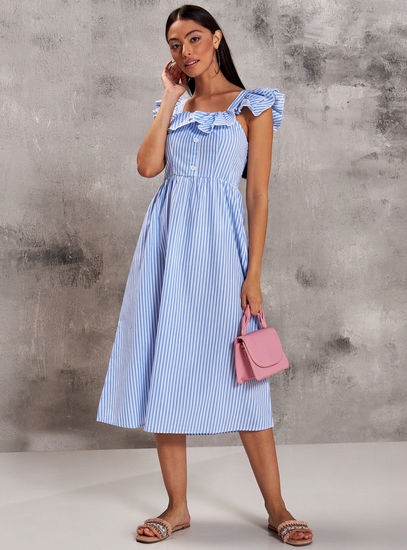 Striped Sleeveless Midi A-line Dress with Ruffles and Button Detail