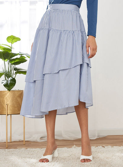 Striped Asymmetrical Skirt with Overlay Detail-Midi-image-0