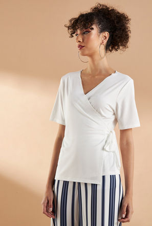 Solid Wrap Top with Short Sleeves and Tie-Up Belt