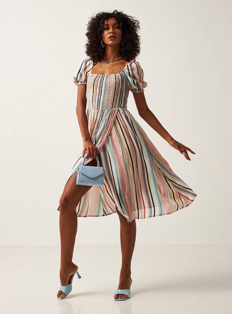 Striped A-line Dress with Square Neck and Short Sleeves-Knee-image-1