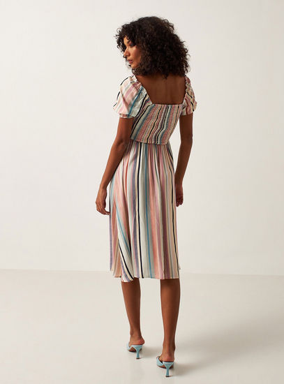 Striped A-line Dress with Square Neck and Short Sleeves