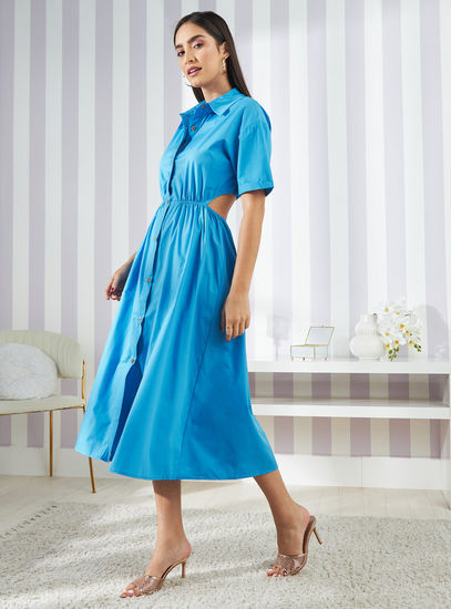 Solid Collared Dress with Short Sleeves and Cut Out Detail