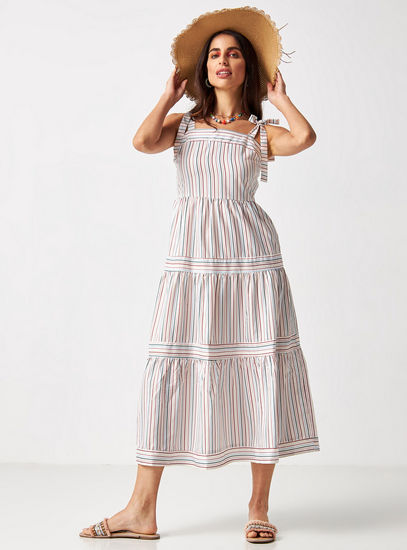 Striped Sleeveless Tiered Dress with Tie-Up Detail