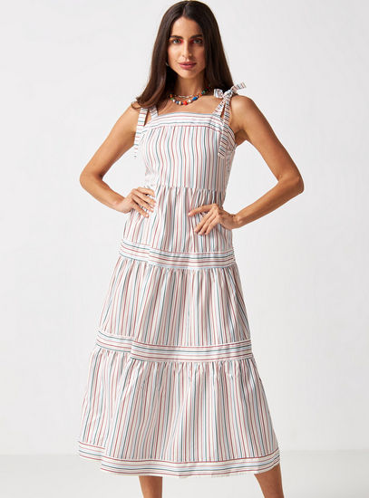 Striped Sleeveless Tiered Dress with Tie-Up Detail