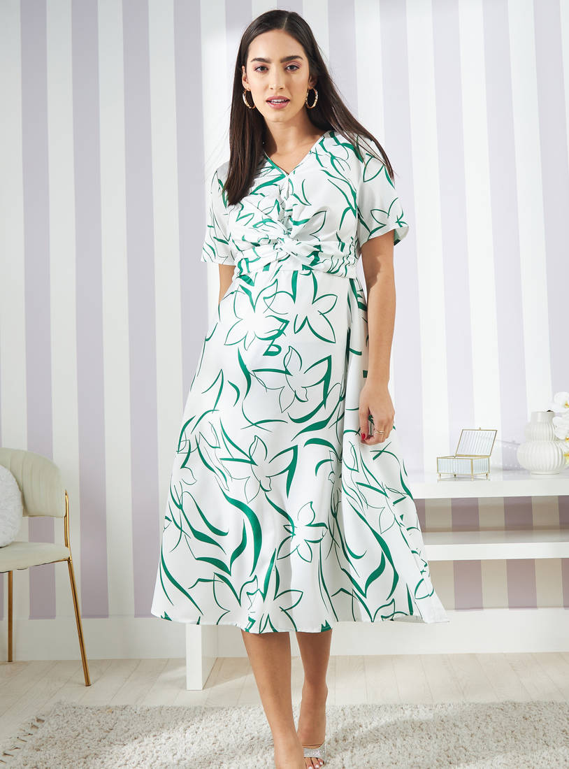 Printed V-neck Dress with Short Sleeves and Knot Detail-Midi-image-0