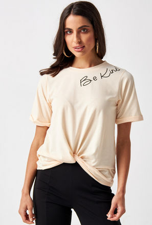 Printed T-shirt with Round Neck and Front Knot Detail