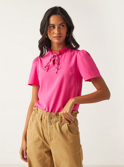 Frill Detail High Neck Top with Puff Sleeves and Tie-Ups