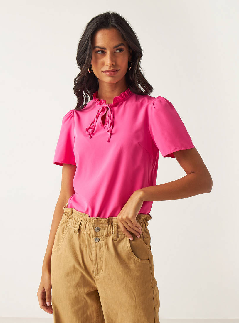 Frill Detail High Neck Top with Puff Sleeves and Tie-Ups-Blouses-image-1