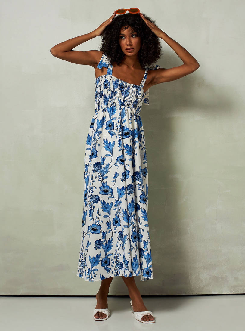 Floral Printed Square Neck Dress with Tie-Up Shoulder Straps-Midi-image-0