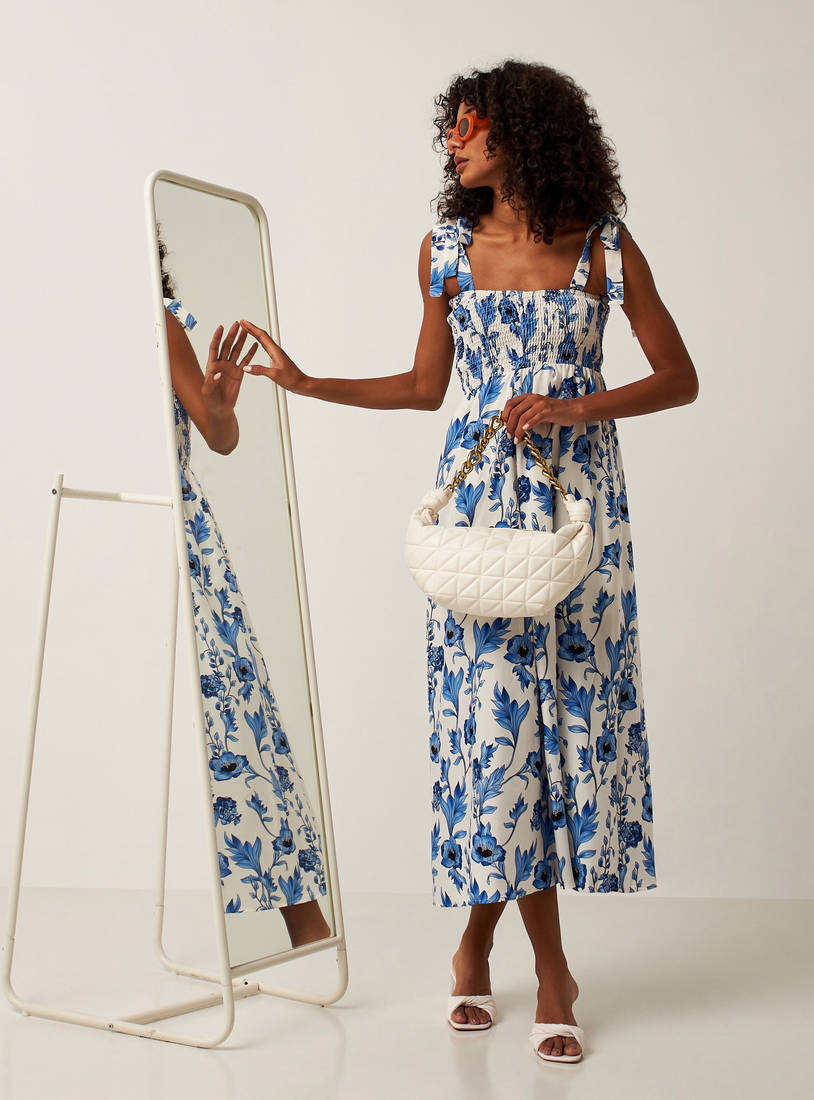 Floral Printed Square Neck Dress with Tie-Up Shoulder Straps-Midi-image-1