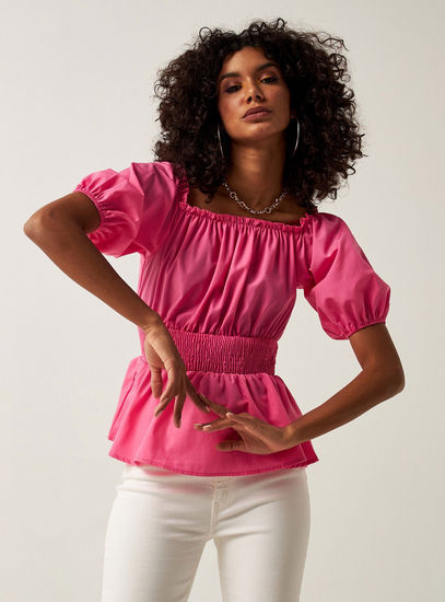 Solid Peplum Top with Short Sleeves and Smocked Detail
