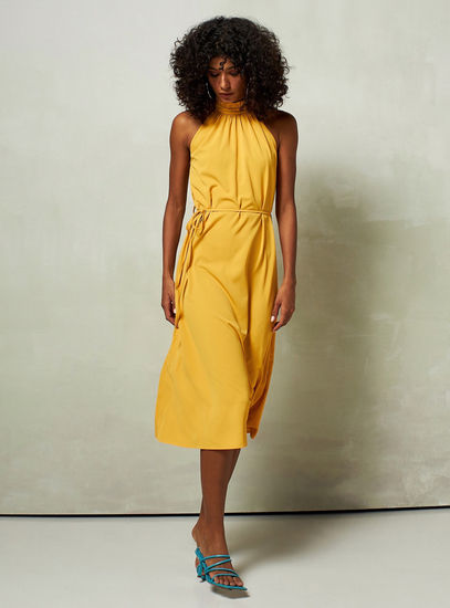 Solid Halter Neck Dress with Frill Detail and Tie-Up Belt