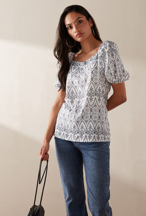 Printed Square Neck Top with Short Sleeves