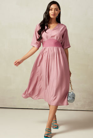 Solid V-neck Dress with Short Sleeves and High Waistband
