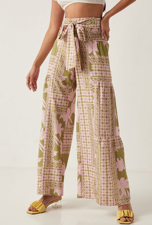Printed Palazzo with Shirred Detail and Tie-Up Belt
