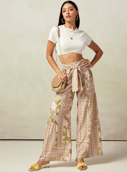 Printed Palazzo with Shirred Detail and Tie-Up Belt