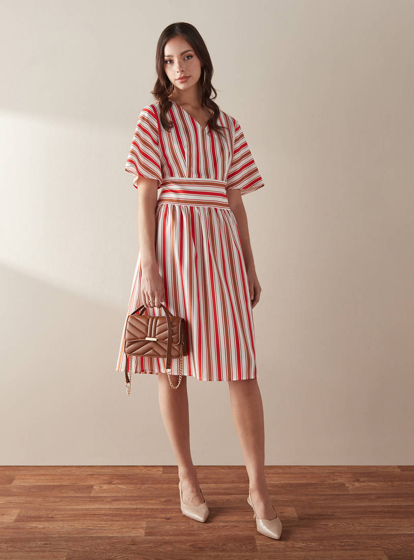 Striped V-neck Dress with Short Sleeves and High Waistband-Midi-image-0