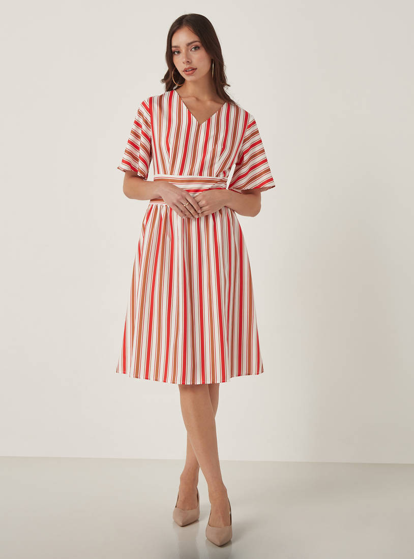 Striped V-neck Dress with Short Sleeves and High Waistband-Midi-image-1