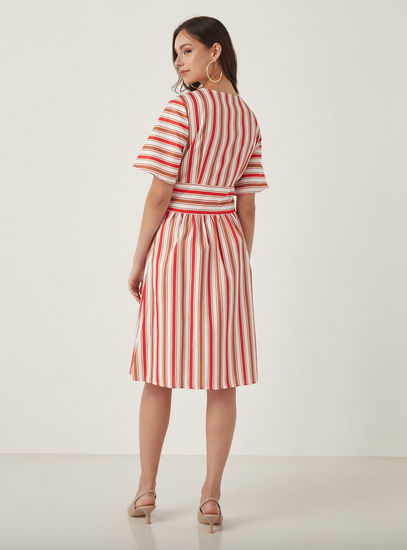 Striped V-neck Dress with Short Sleeves and High Waistband