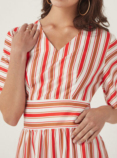 Striped V-neck Dress with Short Sleeves and High Waistband