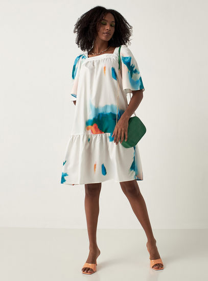 Printed Square Neck Dress with Puff Sleeves and Flounce Hem