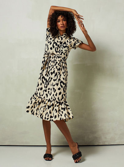 All Over Animal Print A-line Dress with Short Sleeves and Belt Tie-Ups