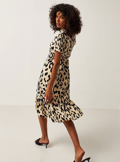 All Over Animal Print A-line Dress with Short Sleeves and Belt Tie-Ups