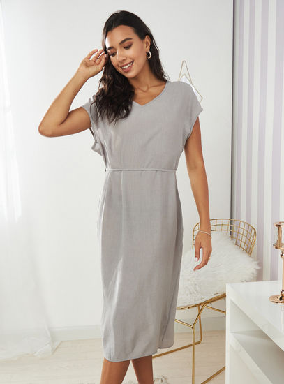 Solid V-neck Dress with Cap Sleeves and Tie-Up Belt