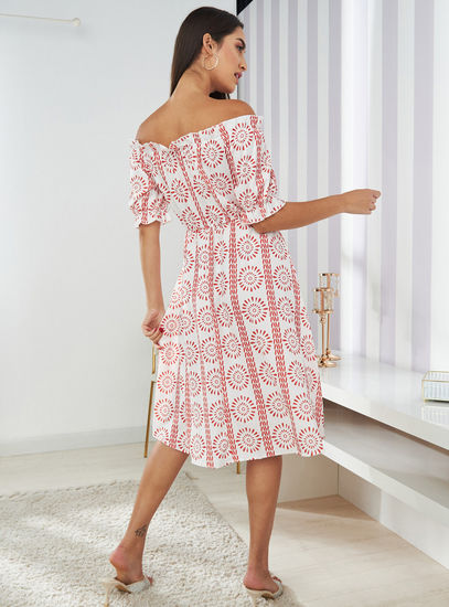 Printed Off-Shoulder Dress with Short Sleeves