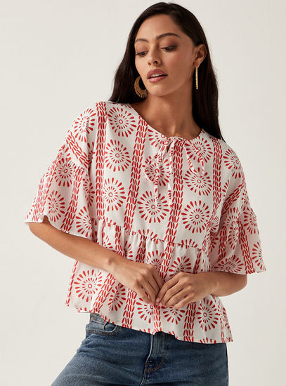 Printed Round Neck Top with Tie-Up Detail and Elbow Flared Sleeves
