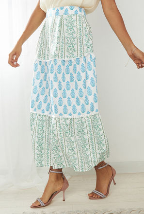 Printed Tiered Midi Skirt with Lace Detail