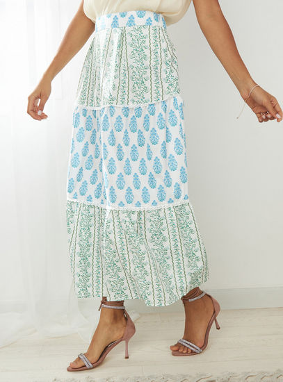 Printed Tiered Midi Skirt with Lace Detail