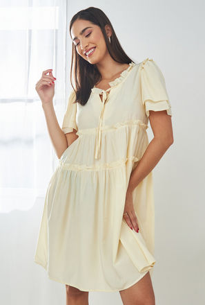 Solid Tiered Dress with Ruffles and Neck Tie-Ups