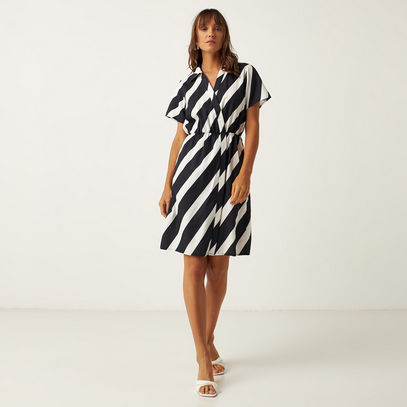 Striped Mini Wrap Dress with Collar and Short Sleeves