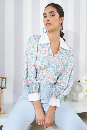 Floral Print Collared Crop Top with Puff Sleeves and Button Detail