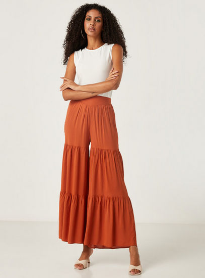 Solid Tiered Wide Leg Pants with Elasticated Waistband